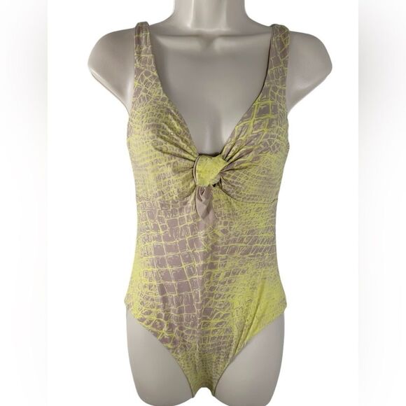 Fisico Yellow & Beige Reversible Snakeskin Print Twist Tie One Piece Swimsuit - Picture 1 of 11